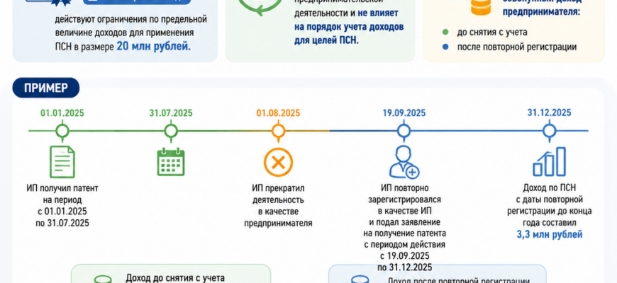 Повторная регистрация физлица в качестве ИП в течение того же года не образует нового субъекта предпринимательской деятельности и не влияет на порядок учета доходов для целей ПСН